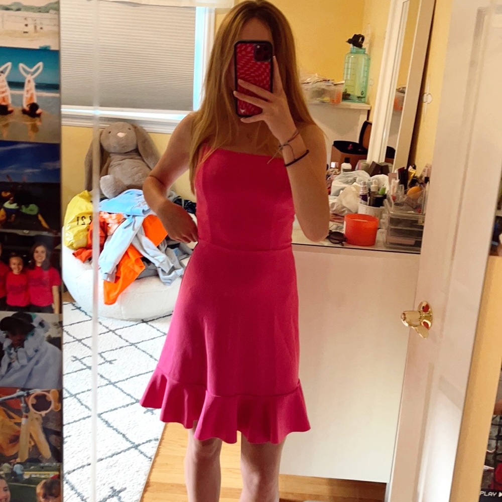 SHEIN Neon Pink Lace Up Backless Ruffle Slip Dress